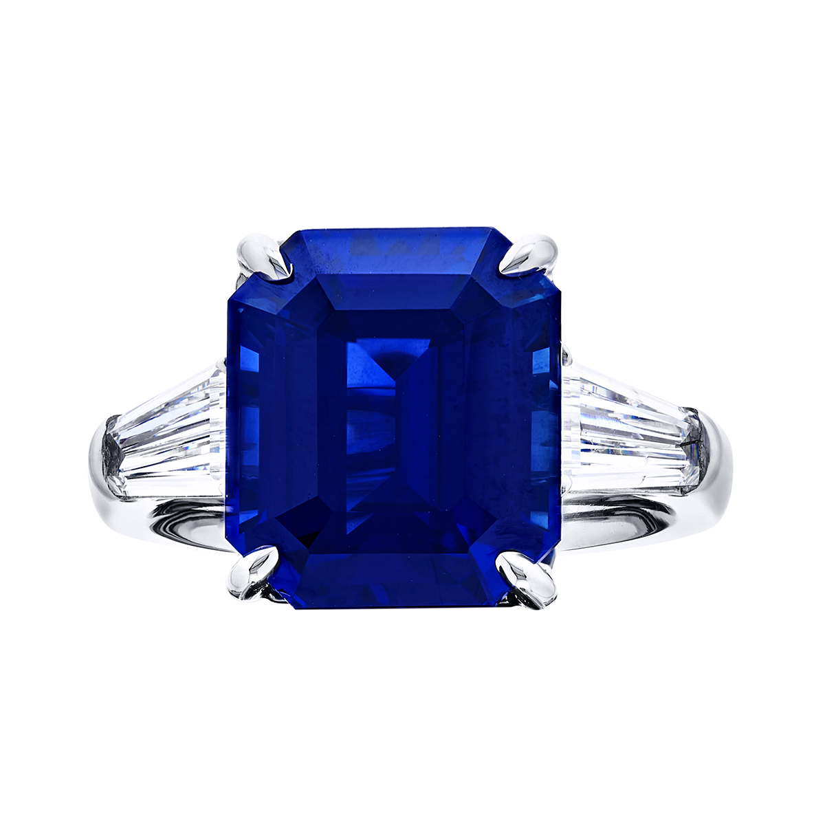 J.B. Star Emerald Cut Sapphire & Tapered Baguette Diamond 3 Stone Ring in Platinum