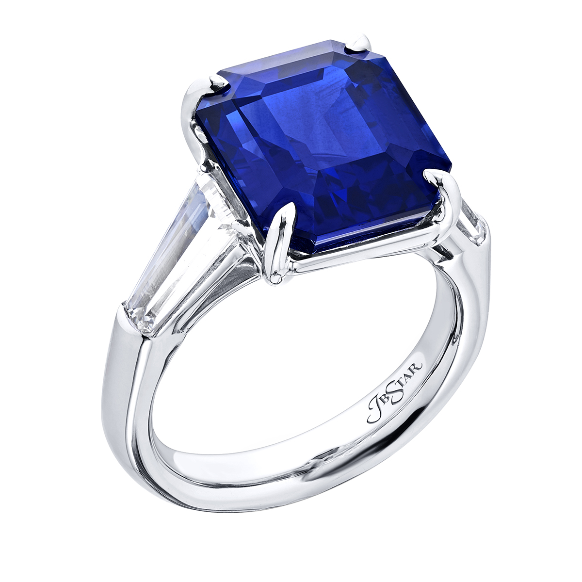 J.B. Star Emerald Cut Sapphire & Tapered Baguette Diamond 3 Stone Ring in Platinum