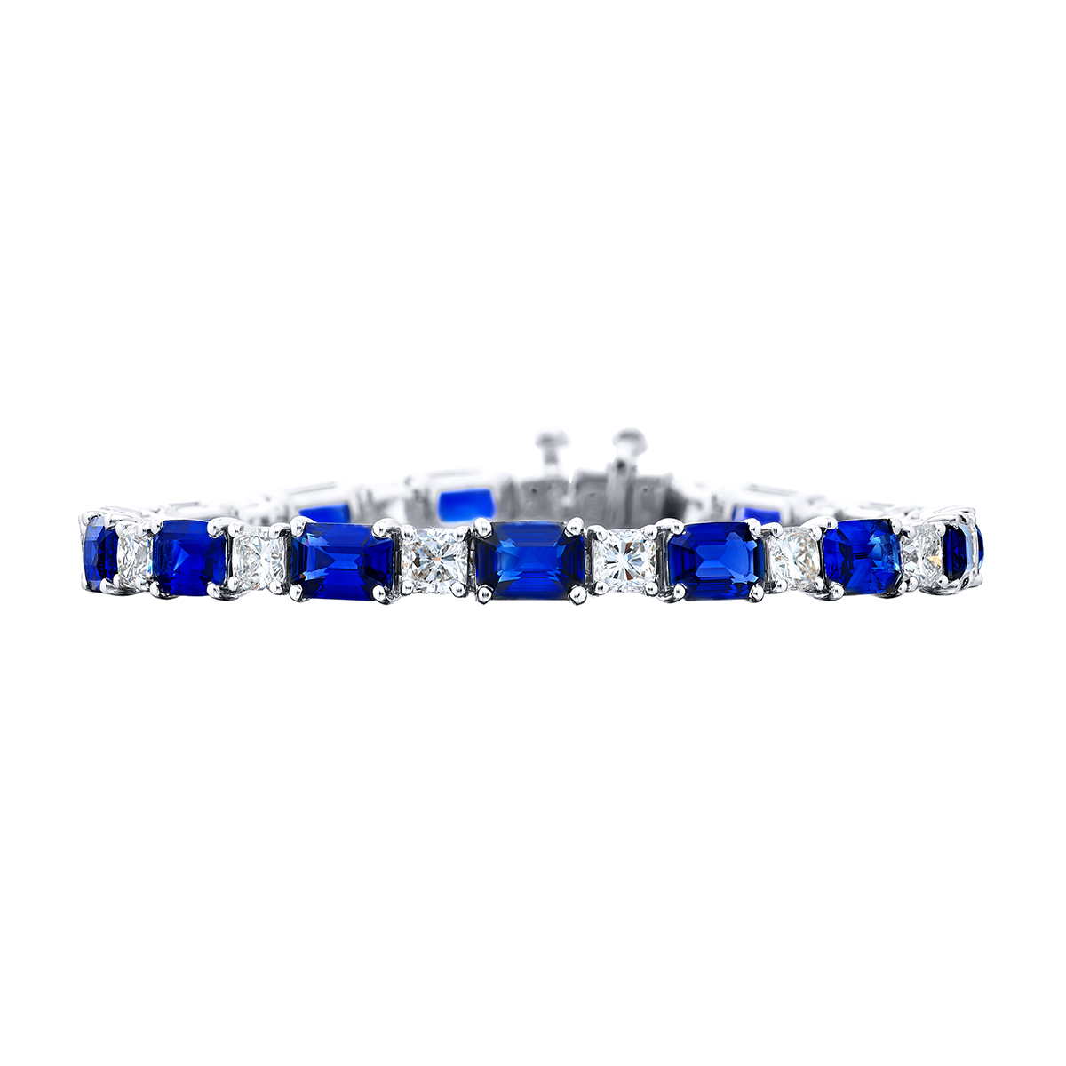 J.B. Star Emerald Cut Sapphire & Cushion Cut Diamond Tennis Bracelet in Platinum, 7