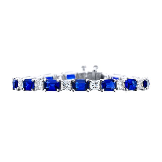 J.B. Star Emerald Cut Sapphire & Cushion Cut Diamond Tennis Bracelet in Platinum, 7"