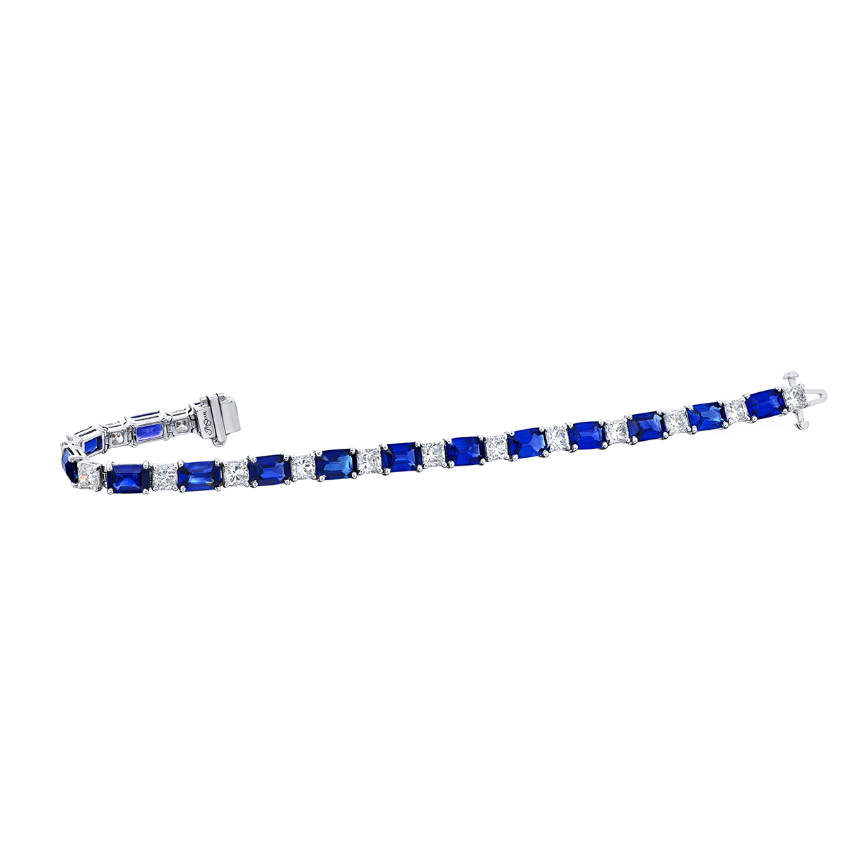 J.B. Star Emerald Cut Sapphire & Cushion Cut Diamond Tennis Bracelet in Platinum, 7
