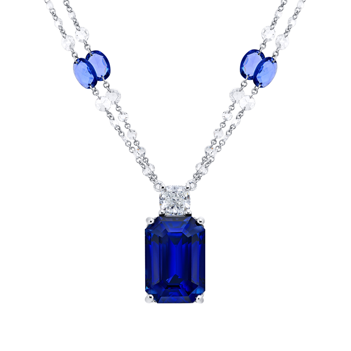 J.B. Star Emerald Cut Sapphire & Diamond Necklace in Platinum, 20