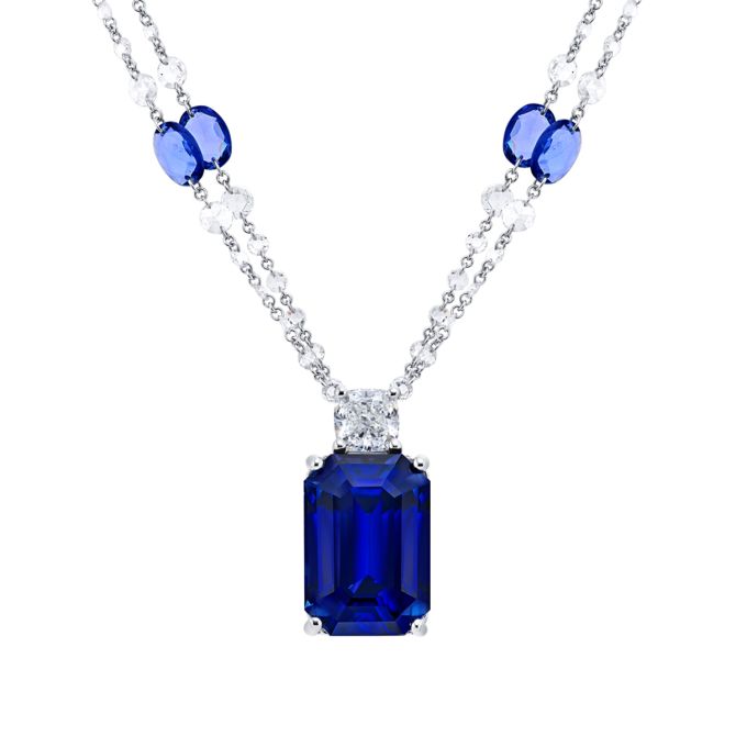 J.B. Star Emerald Cut Sapphire & Diamond Necklace in Platinum, 20"