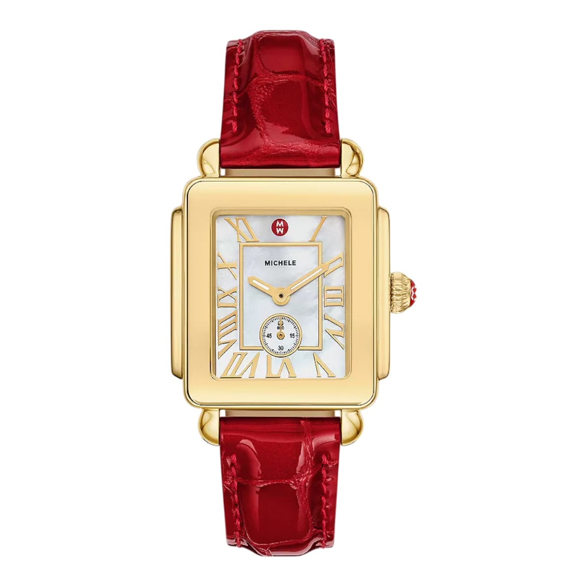 Michele Deco Midi Sport 31mm Women's Watch, White Mother of Pearl Dial with Red Leather Bracelet