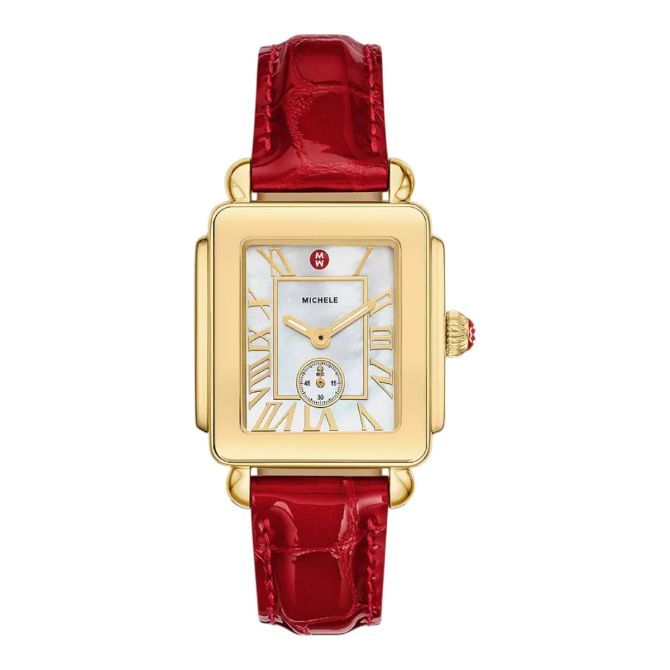 Michele Deco Midi Sport 31mm Women's Watch, White Mother of Pearl Dial with Red Leather Bracelet