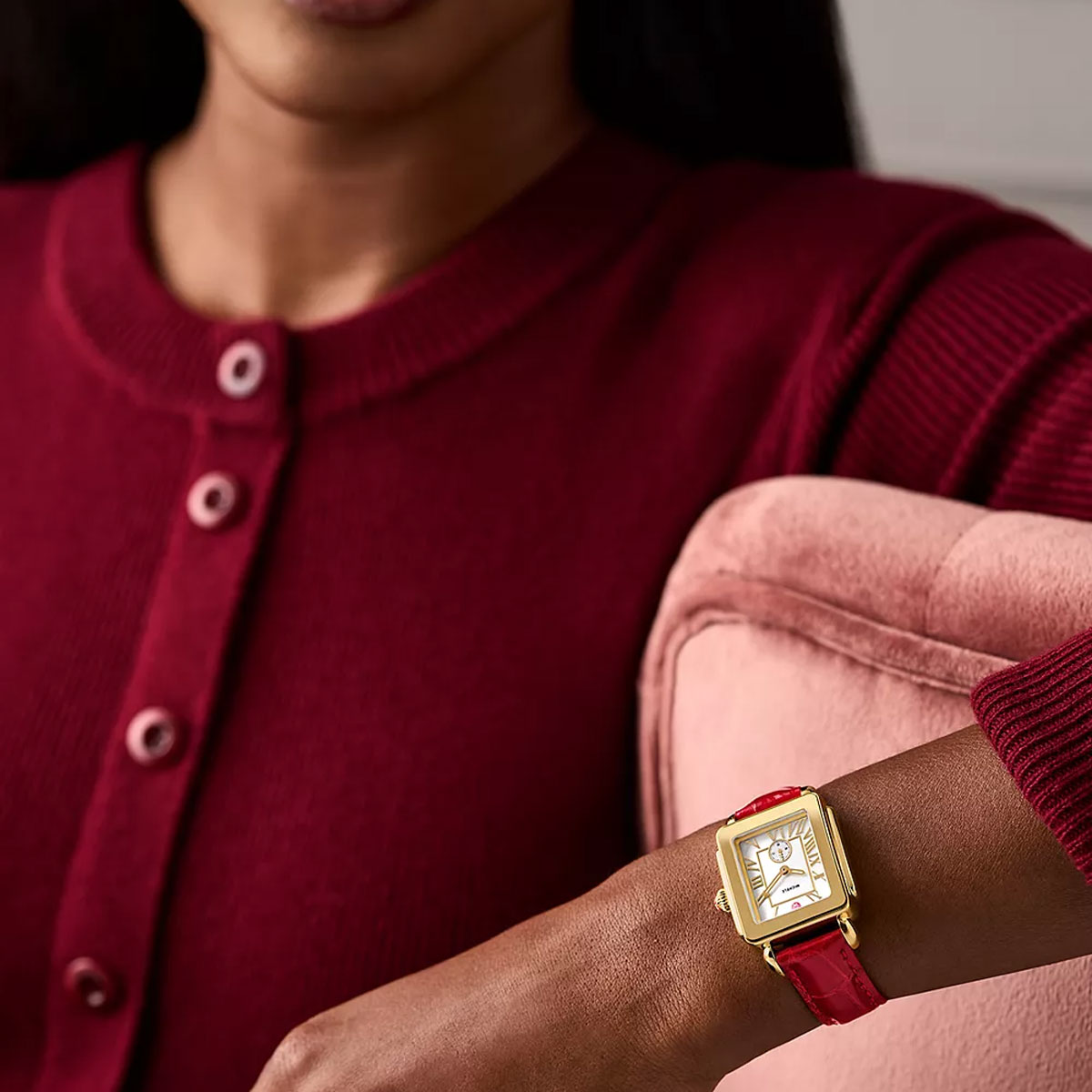 Michele Deco Midi Sport 31mm Women's Watch, White Mother of Pearl Dial with Red Leather Bracelet