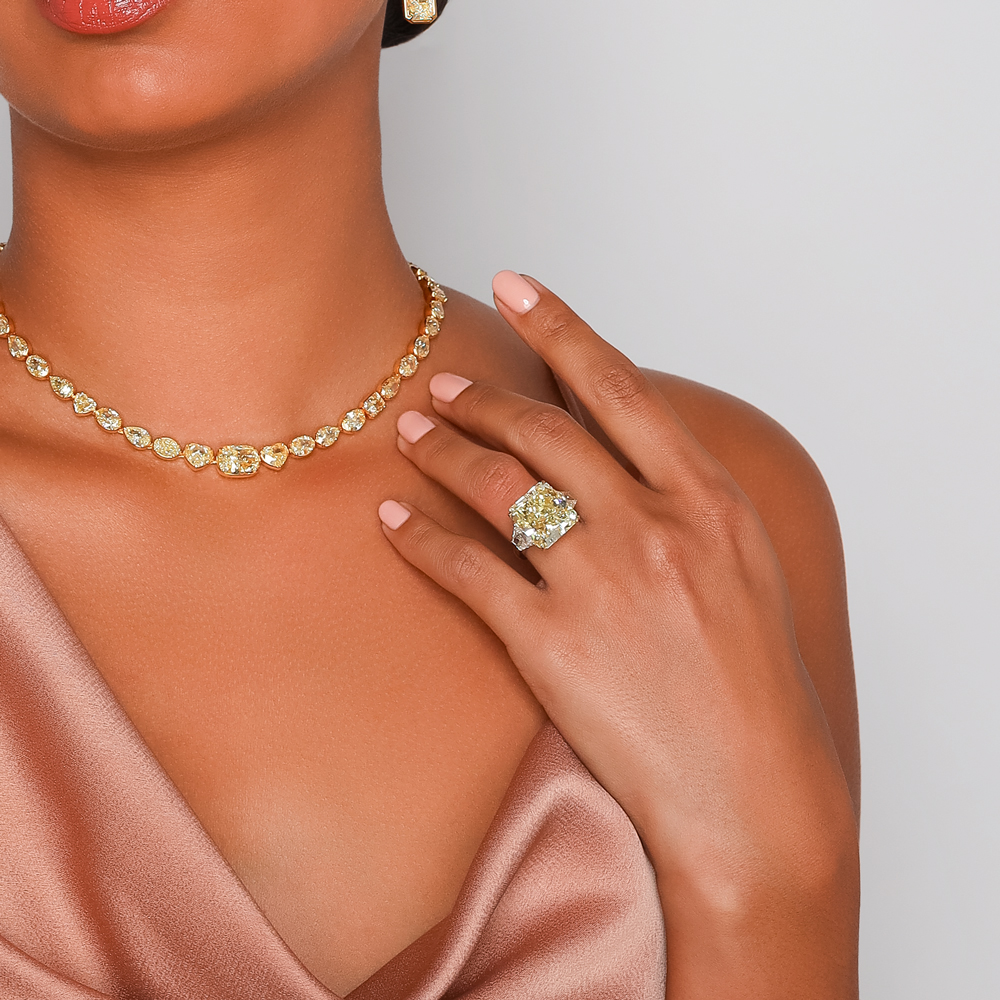 Rahaminov Radiant Fancy Yellow 3 Stone Engagement Ring in Platinum