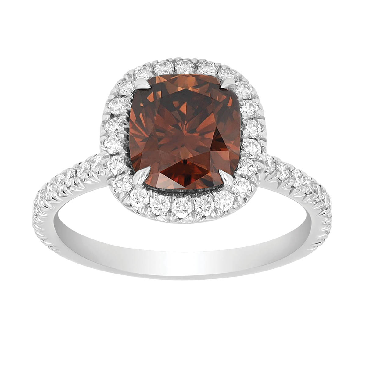 Cushion Cut Brown Diamond & White Diamond Halo Engagement Ring in Platinum