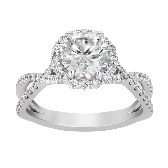 Round Diamond & Halo Twisted Band Engagement Ring in White Gold