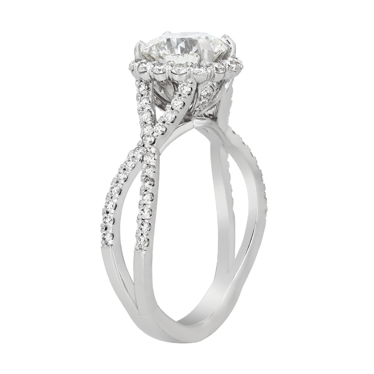Round Diamond & Halo Twisted Band Engagement Ring in White Gold