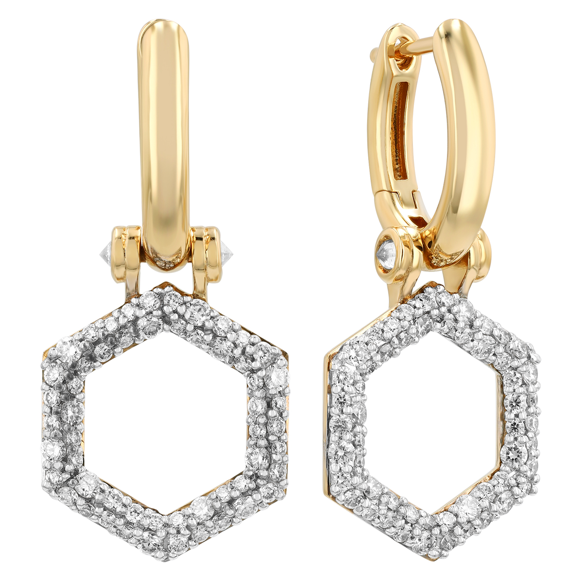 Harwell Godfrey Foundation Diamond Hexagon Dangle Huggie Earrings in Yellow Gold
