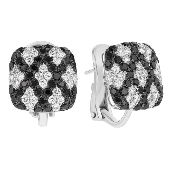 Black & White Diamond Pave Lattice Cushion Leverback Stud Earrings in White Gold