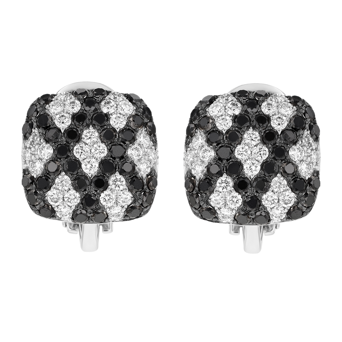 Black & White Diamond Pave Lattice Cushion Leverback Stud Earrings in White Gold