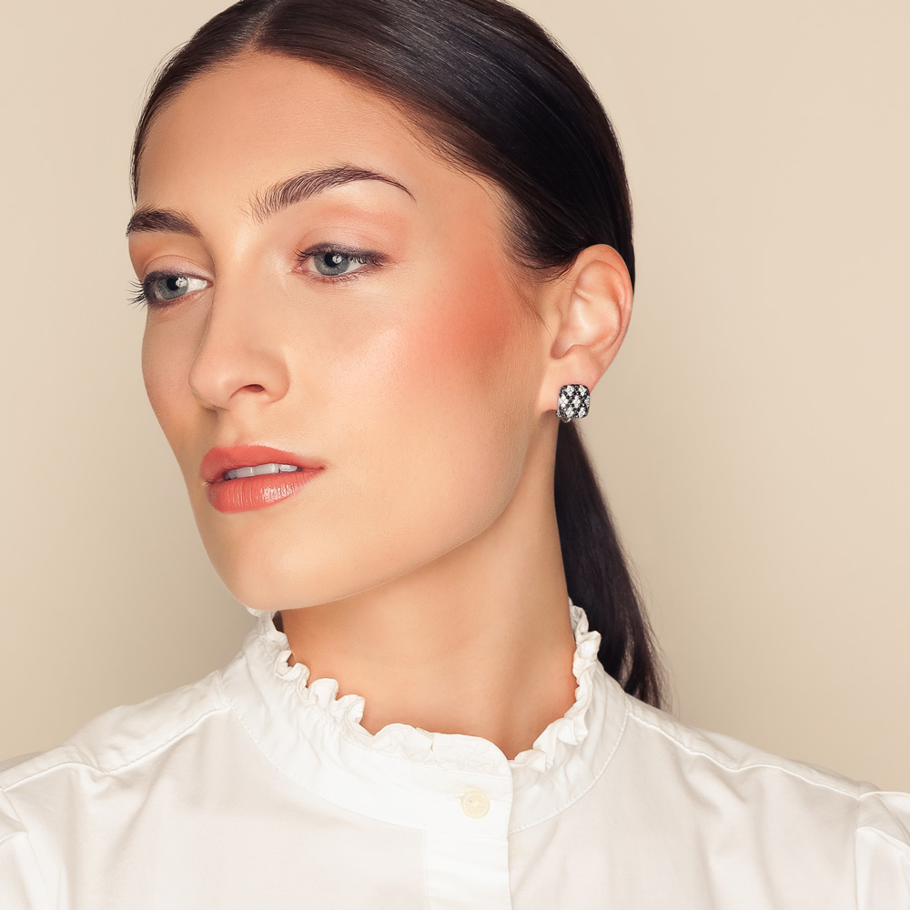 Black & White Diamond Pave Lattice Cushion Leverback Stud Earrings in White Gold