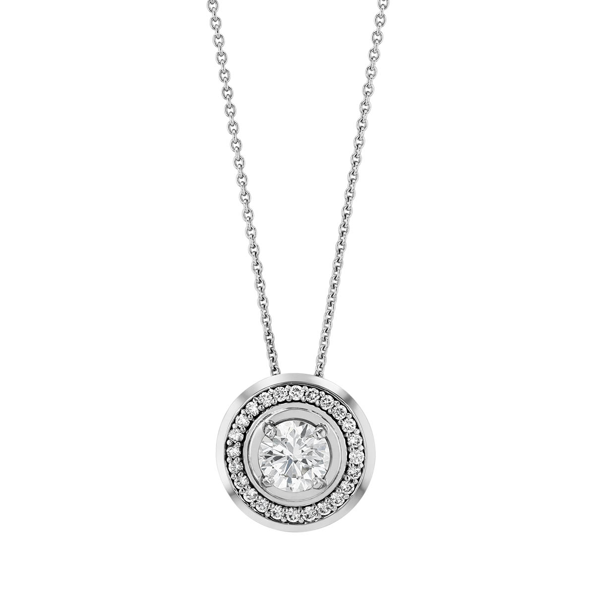 Round Diamond & Halo Circle Pendant in White Gold