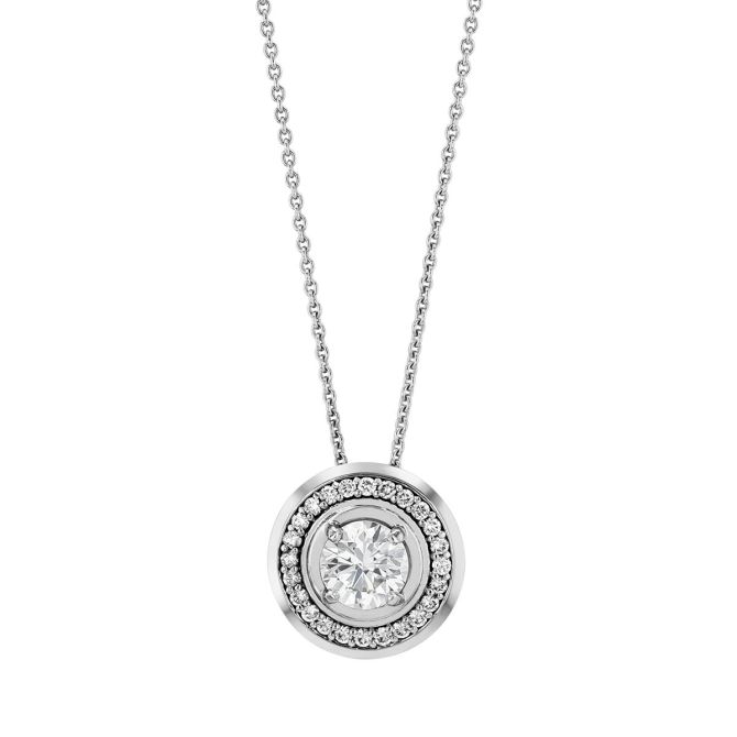 Round Diamond & Halo Circle Pendant in White Gold