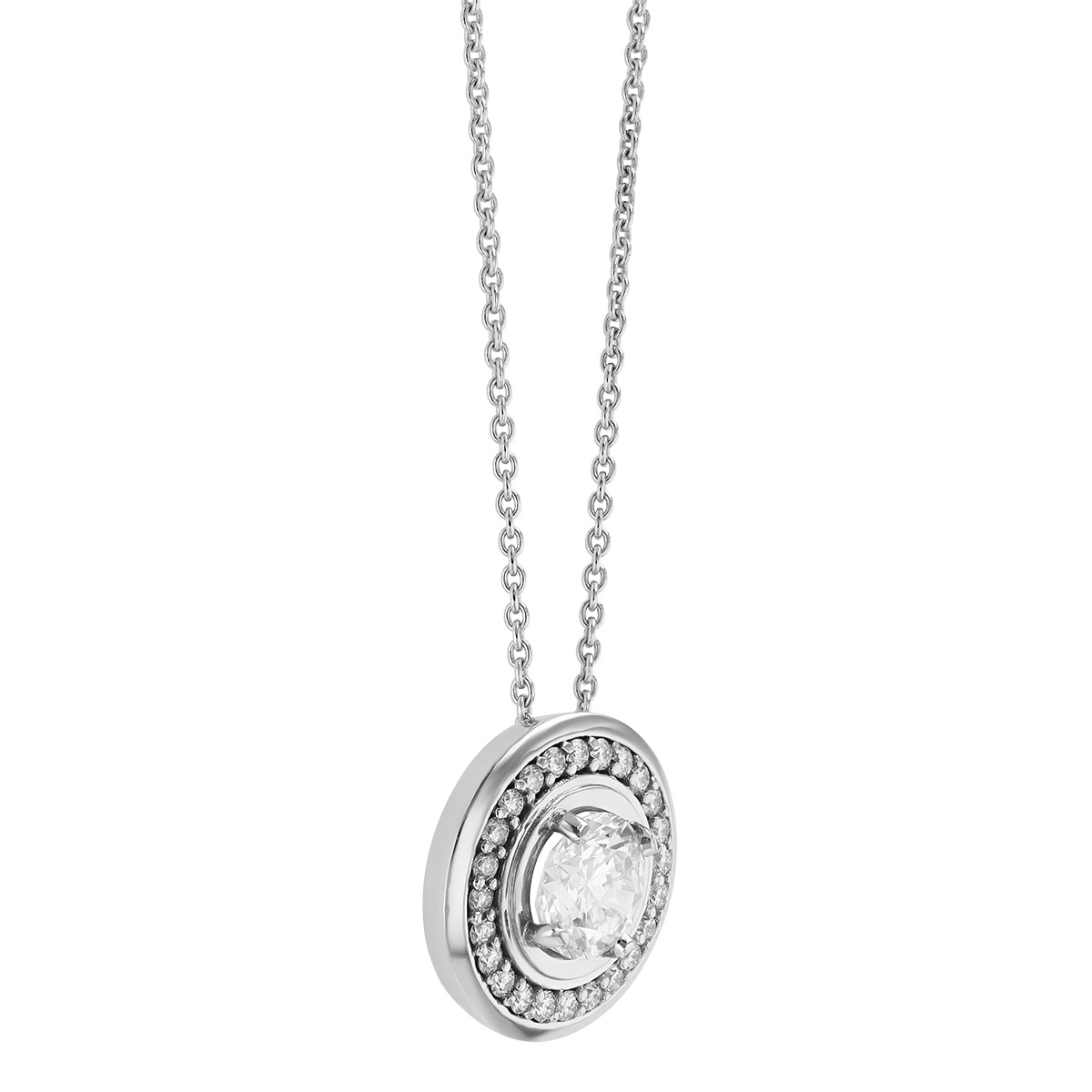 Round Diamond & Halo Circle Pendant in White Gold