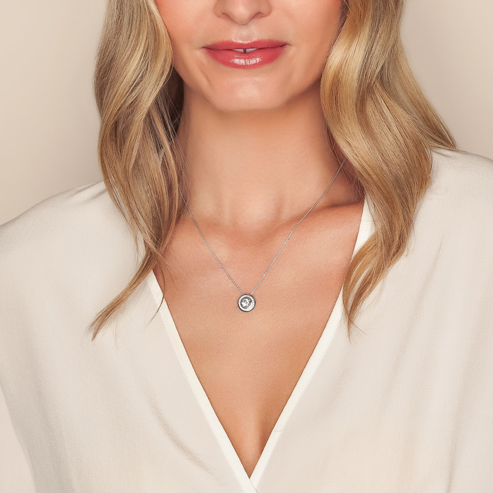 Round Diamond & Halo Circle Pendant in White Gold