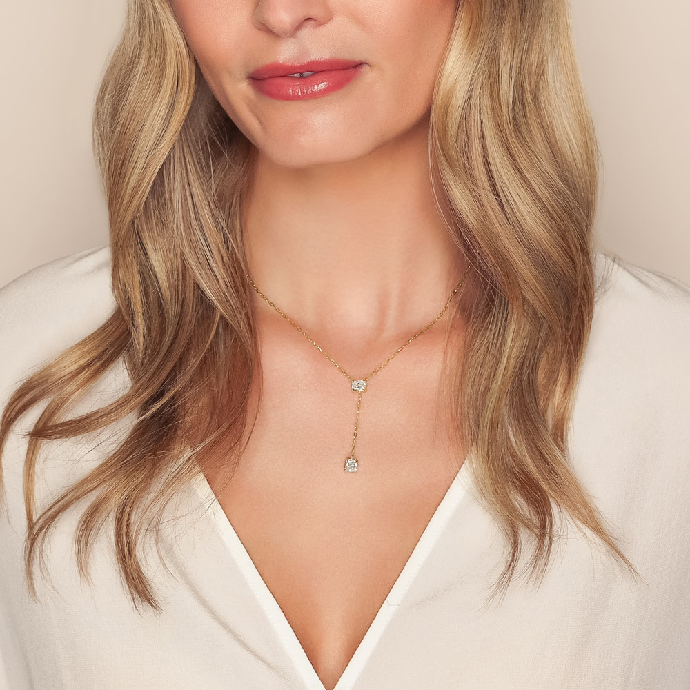 Radiant Cut Diamond Duo Lariat Necklace in Yellow Gold