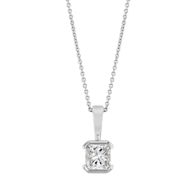 Split Bezel Radiant Cut Diamond Solitaire Pendant in White Gold, 18", 0.97 ct