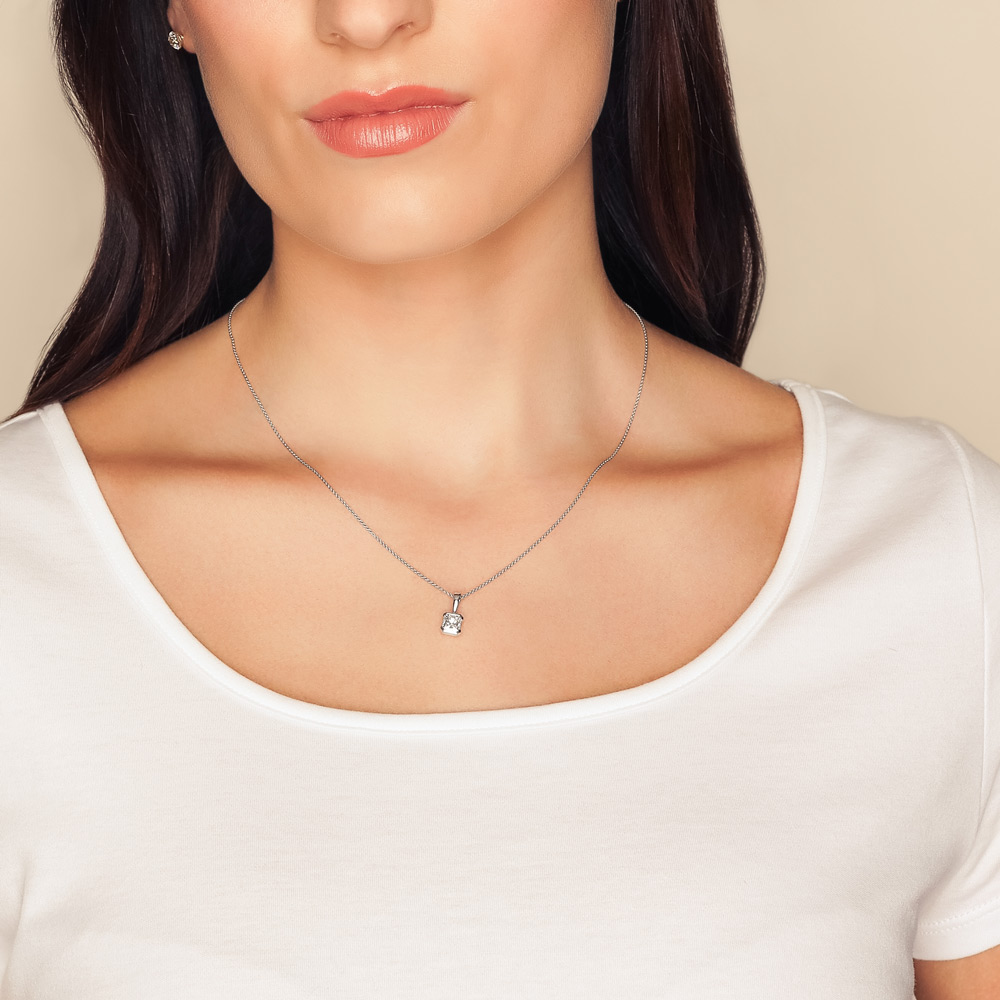 Split Bezel Radiant Cut Diamond Solitaire Pendant in White Gold, 18