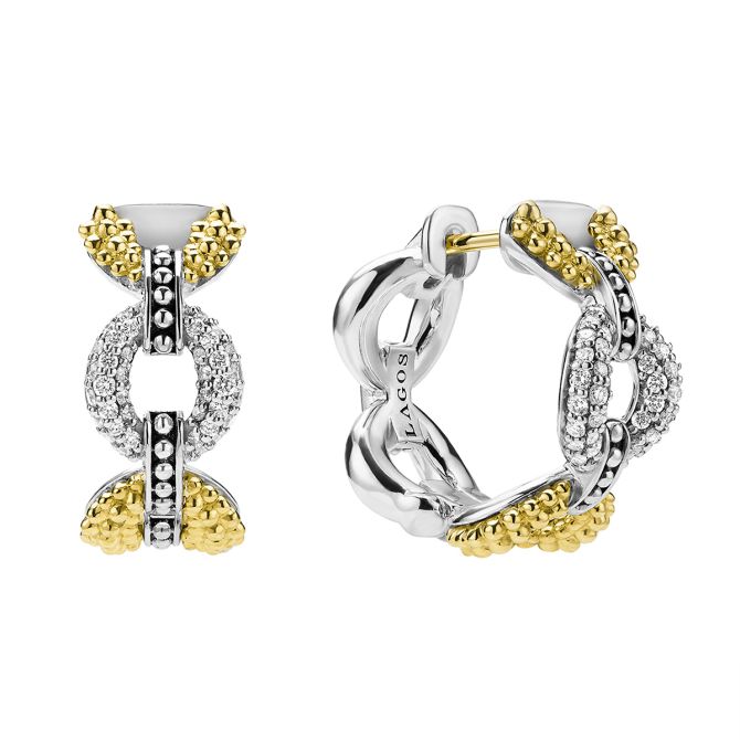 LAGOS Caviar Lux Diamond Petite Link Hoop Earrings in Yellow Gold & Sterling Silver, 7"