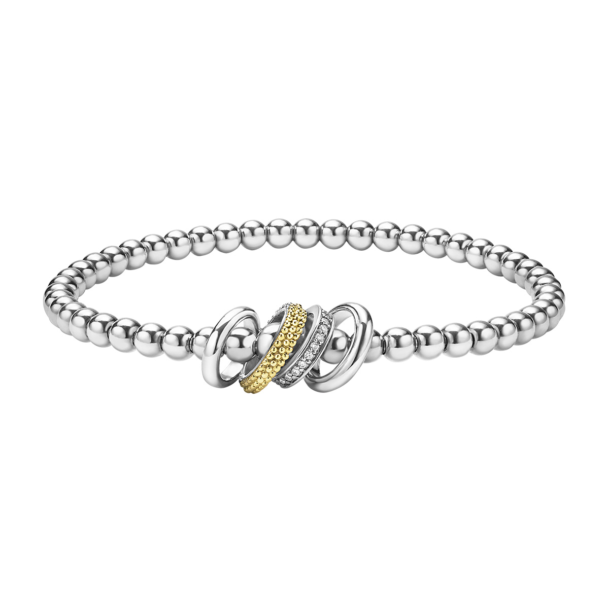 LAGOS Caviar Lux Diamond Four Ring Stretch Bracelet in Yellow Gold & Sterling Silver, 7