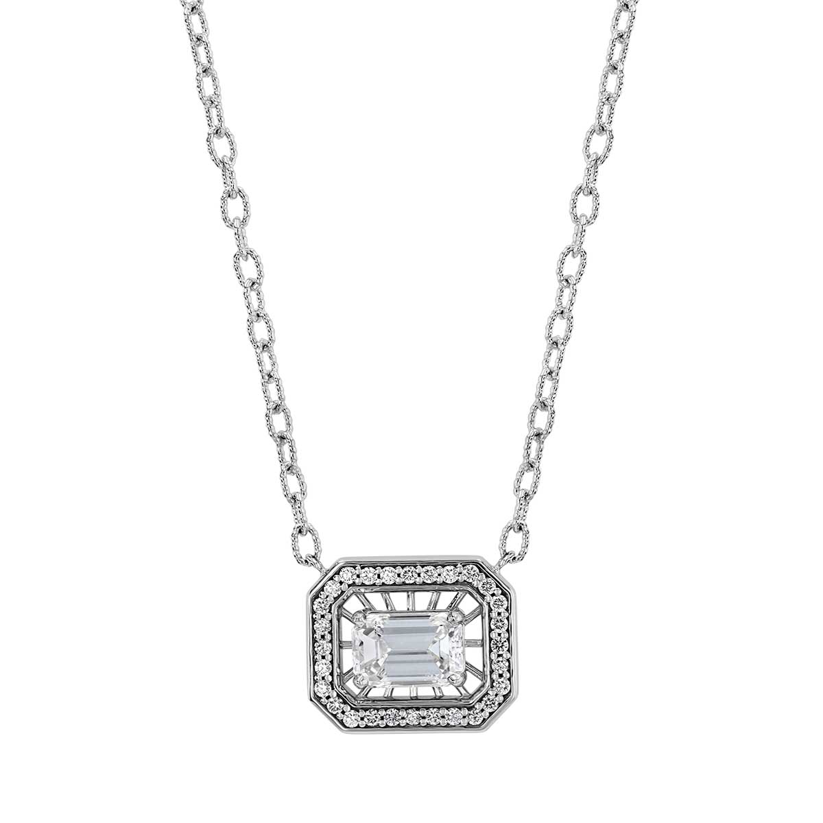 Emerald Cut Diamond & Halo Pendant in White Gold, 16