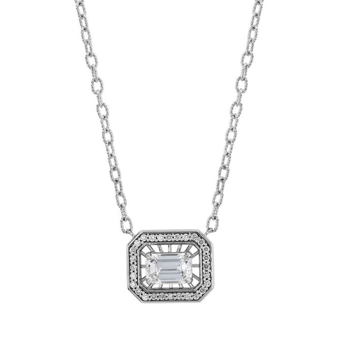Emerald Cut Diamond & Halo Pendant in White Gold, 16", 2.07 cttw