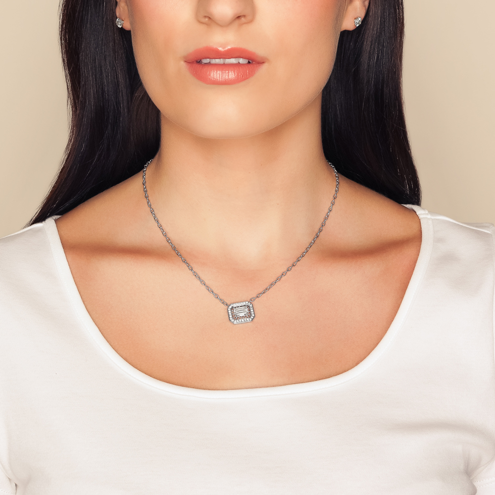 Emerald Cut Diamond & Halo Pendant in White Gold, 16