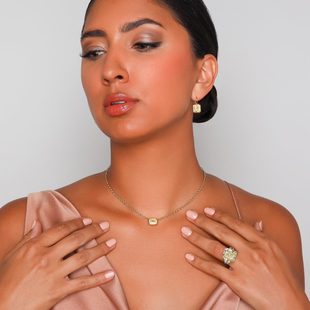 Rahaminov Bezel Set Cushion Cut Fancy Light Yellow Diamond Solitaire Pendant in Yellow Gold, 16