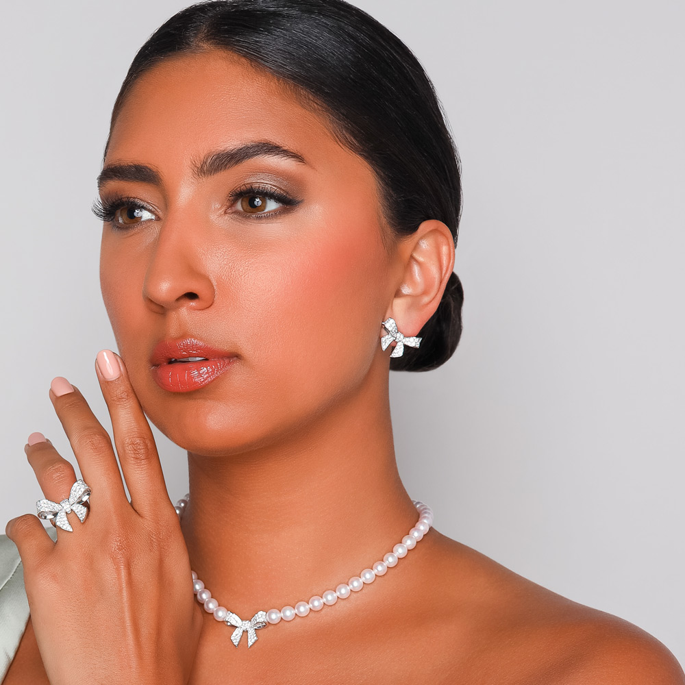 Mikimoto Jeux de Rubans Diamond Bow Stud Earrings in White Gold