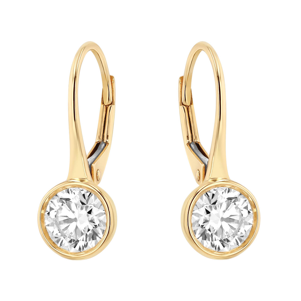 Bezel Set Round Diamond Drop Earrings in Yellow Gold, 1.40 cttw