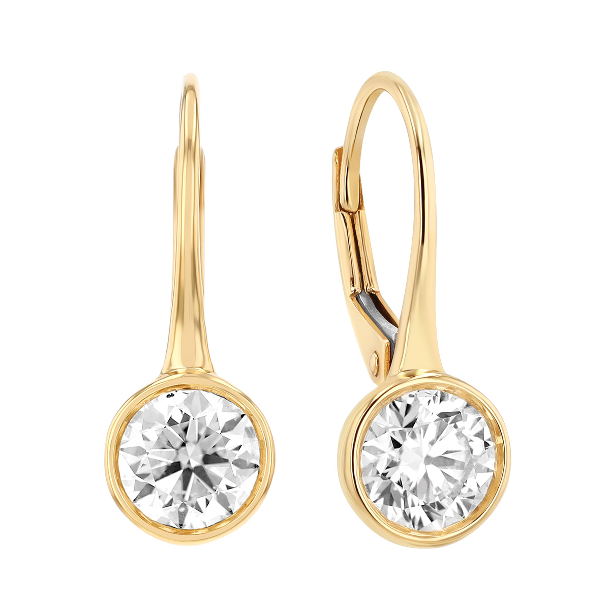 Bezel Set Round Diamond Drop Earrings in Yellow Gold, 1.40 cttw
