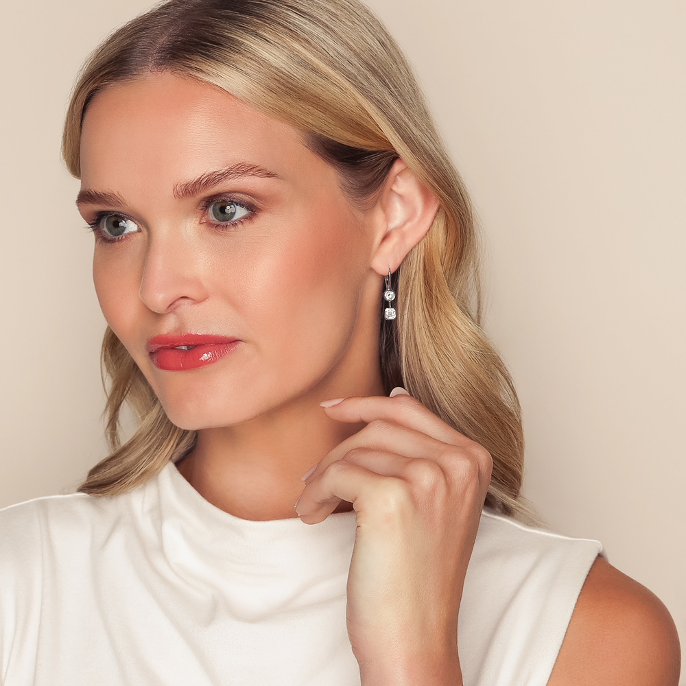 Bezel Set Round & Asscher Cut Diamond Double Drop Earrings in White Gold