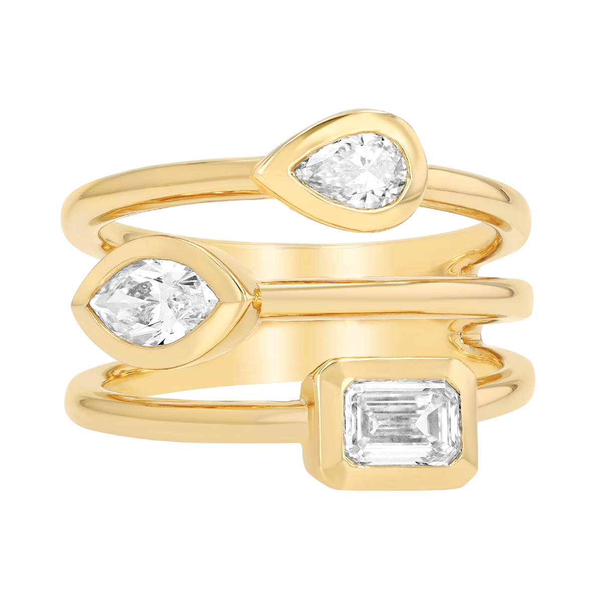 Mixed Shape Diamond Trio Layered Ring in Yellow Gold