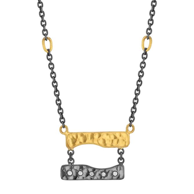 Lika Behar Diamond Hammered Double Bar Necklace in Oxidized Sterling Silver & Yellow Gold