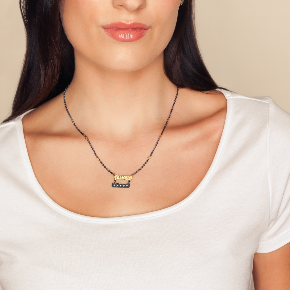 Lika Behar Diamond Hammered Double Bar Necklace in Oxidized Sterling Silver & Yellow Gold