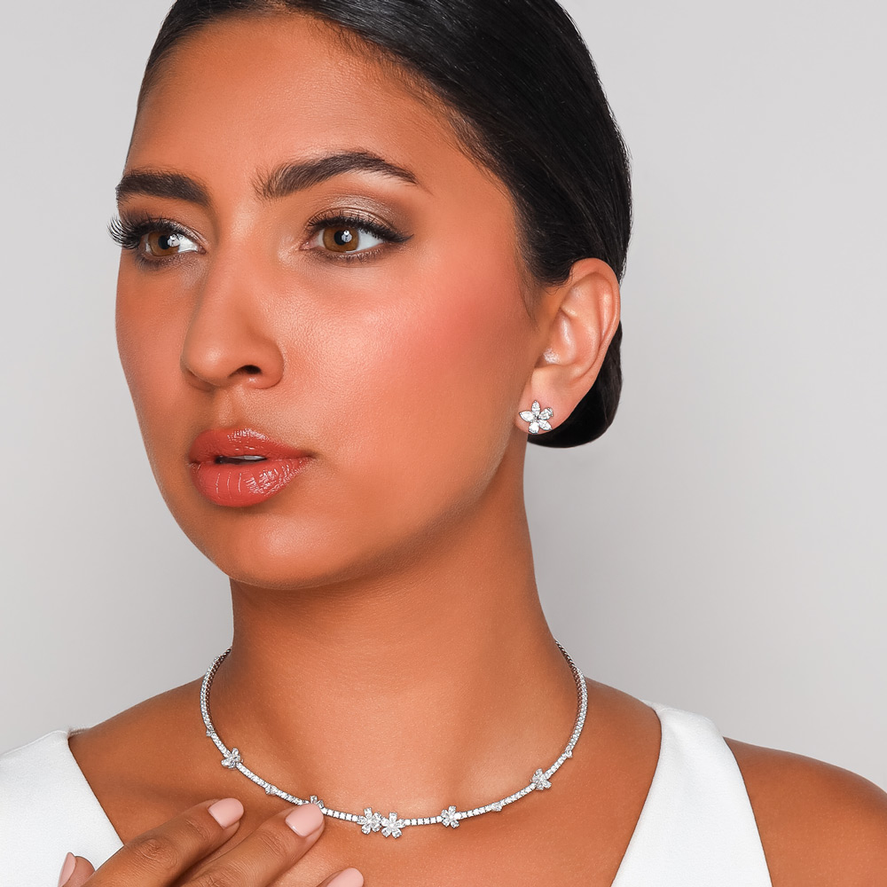 Zydo Collection Pear & Marquise Diamond Floral Stud Earrings in White Gold