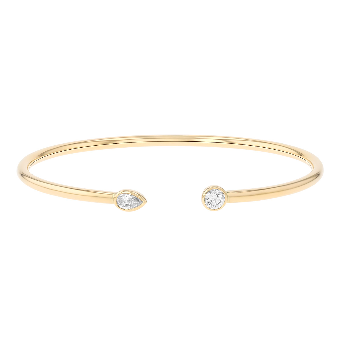 Bezel Set Round & Pear Shape Diamond Cuff Bracelet in Yellow Gold