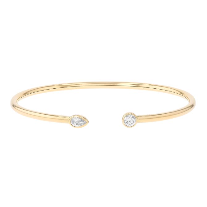 Bezel Set Round & Pear Shape Diamond Cuff Bracelet in Yellow Gold