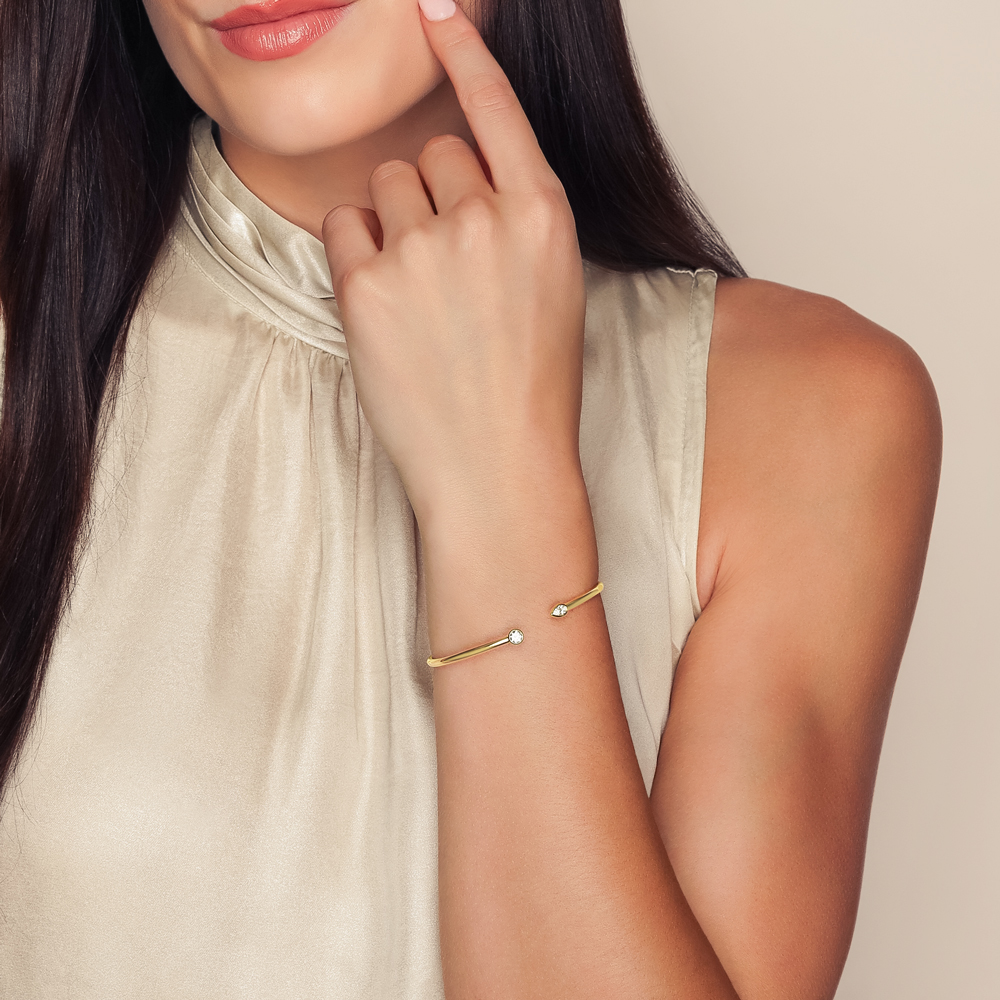 Bezel Set Round & Pear Shape Diamond Cuff Bracelet in Yellow Gold