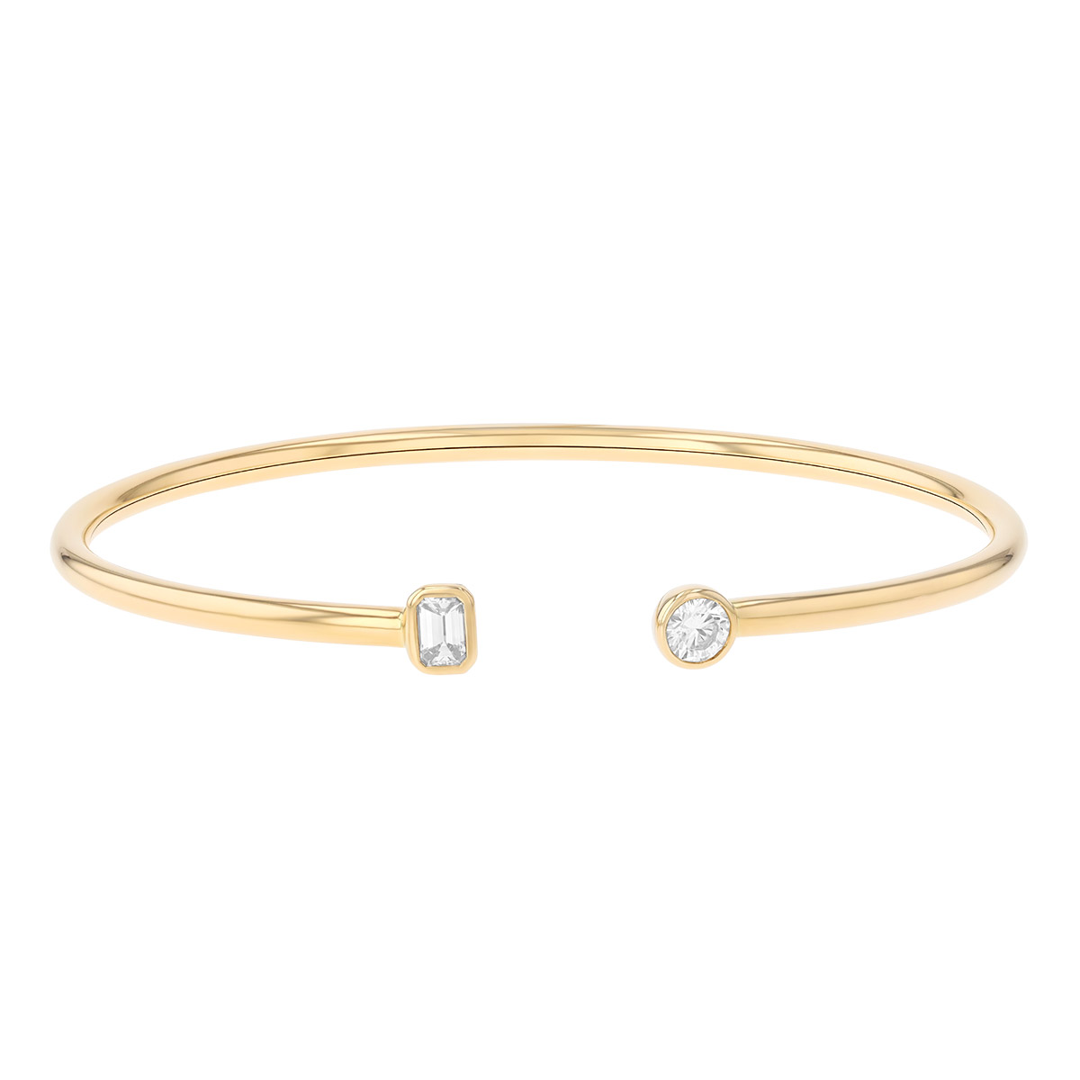 Bezel Set Round & Emerald Cut Diamond Cuff Bracelet in Yellow Gold