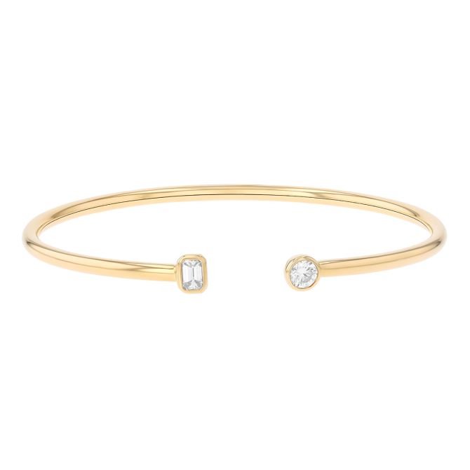 Bezel Set Round & Emerald Cut Diamond Cuff Bracelet in Yellow Gold