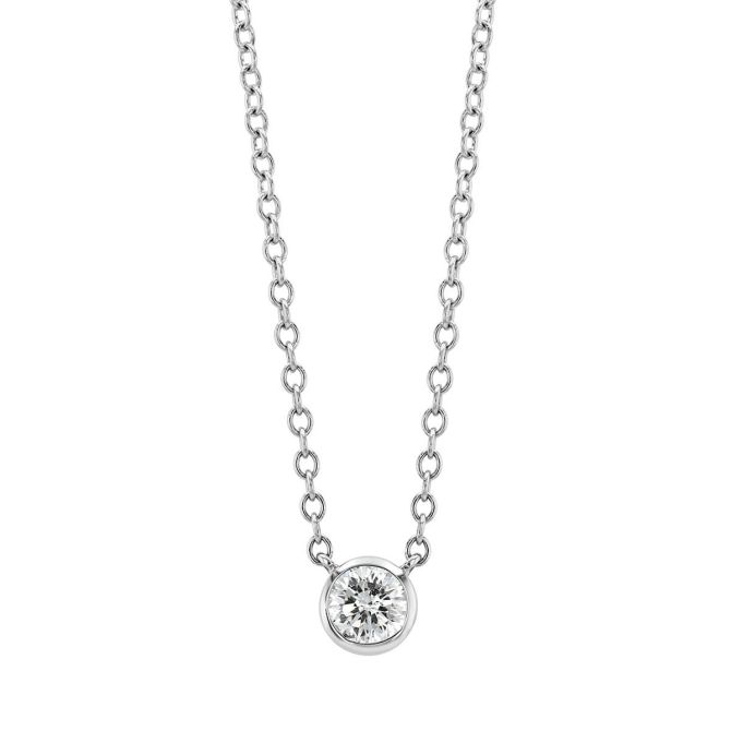 Bezel Set Round Diamond Solitaire Pendant in White Gold, 18", 0.41 ct