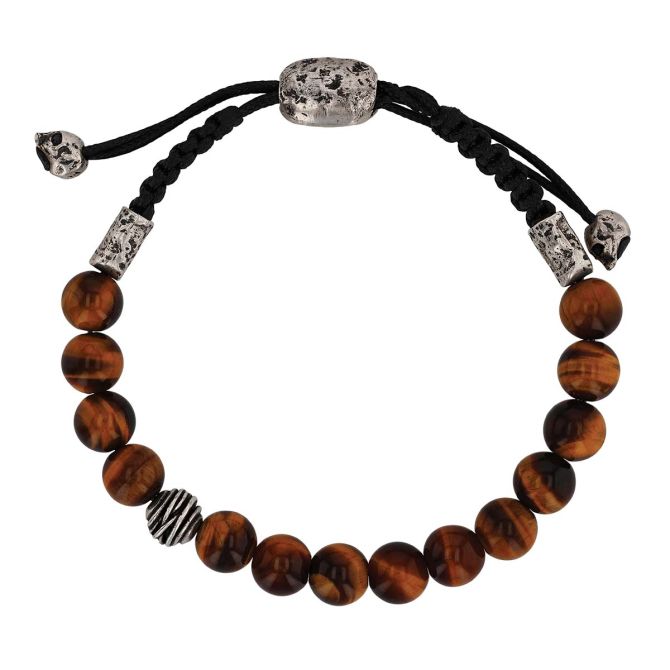 John Varvatos Tigers Eye Quartz Bad Bracelet in Sterling Silver & Black Leather, 9.5"
