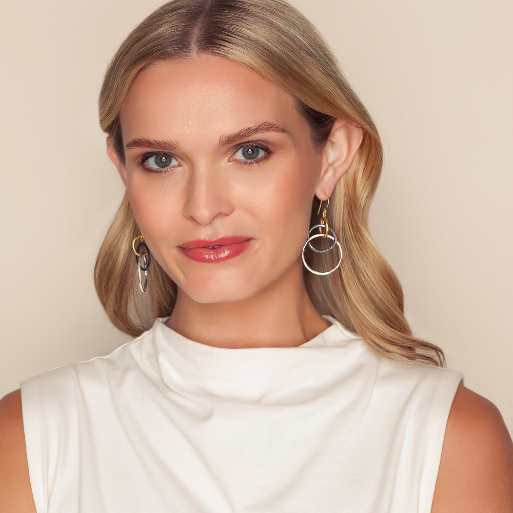 Lika Behar Kelly Yellow Gold, Oxidized & Sterling Silver Triple Open Circle Dangle Earrings