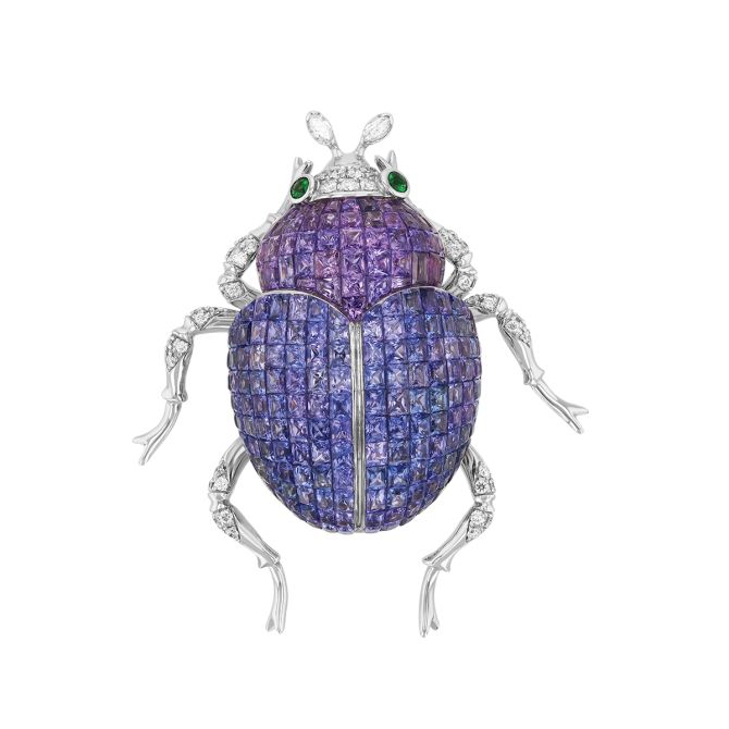 Multicolored Sapphire, Tsavorite Garnet, & Diamond Beetle Pin in White Gold