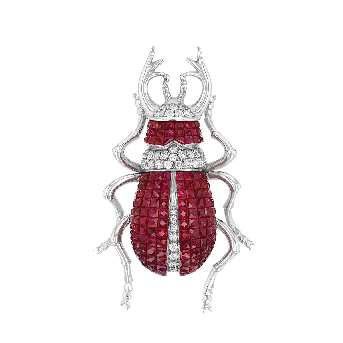 Ruby & Diamond Beetle Pin in White Gold