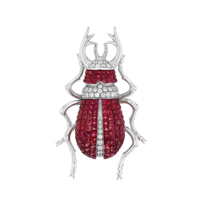 Ruby & Diamond Beetle Pin in White Gold